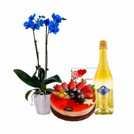 Ocazii - Orhidee Phalaenopsis, Tort și Șampanie cu Foiță de Aur Alba