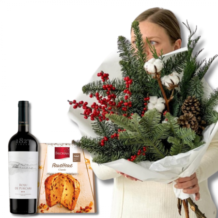 Surprize de Crăciun - Buchet de Iarnă cu Panettone și Vin Roșu