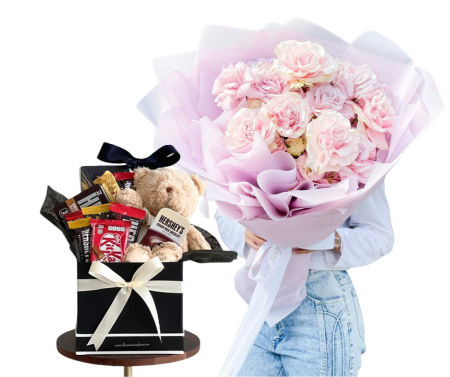 Surprize la Domiciliu Copii - Surpriză Dulce cu Ursuleț și Flori Roz