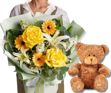 Surprize la Domiciliu Copii - Surpriză la Domiciliu cu Ursuleț și Buchet Galben”