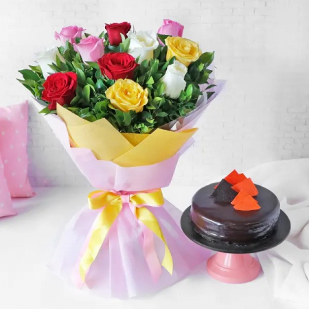 Sf. Andrei - Tort și Buchet din 11 Trandafiri Multicolori București