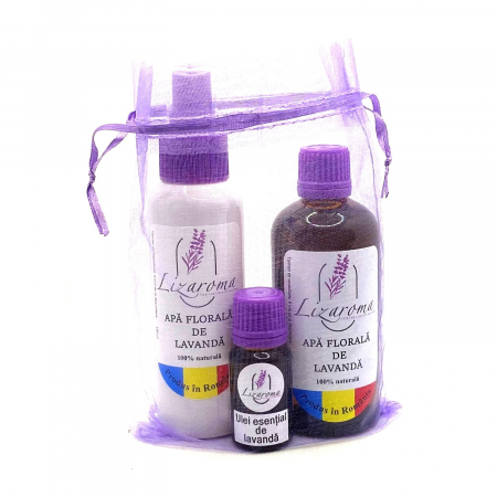 Seturi - Set 3 produse: apă florală în flacon alb, cu rezervă și ulei esențial cu picurător