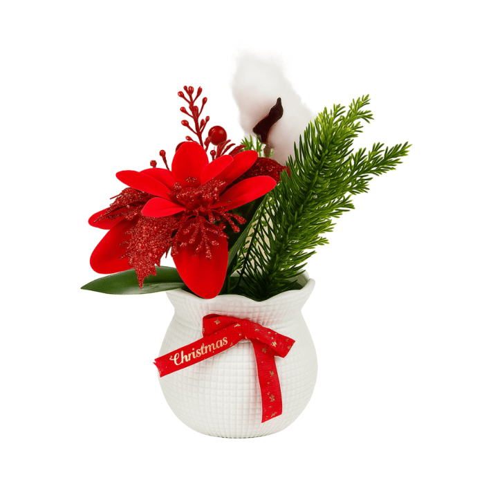 Decoratiune de Crăciun în Ghiveci Alb cu Floare Roșie, Brad Artificial și Fundiță Christmas [2]