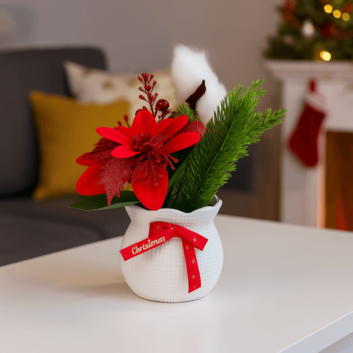 Decoratiune de Crăciun în Ghiveci Alb cu Floare Roșie, Brad Artificial și Fundiță Christmas [1]
