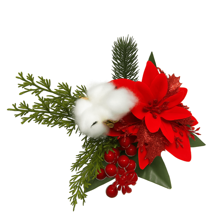 Decoratiune de Crăciun în Ghiveci Alb cu Floare Roșie, Brad Artificial și Fundiță Christmas [3]