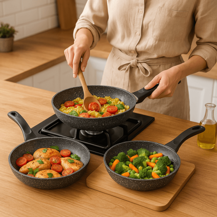 Set 3 Tigai De 20 24 28 Cu Acoperire De Marmura O Tigaie Wok [2]