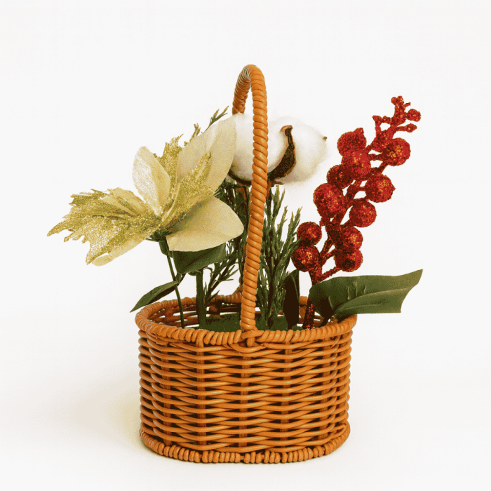 Aranjament Artificial de Crăciun cu Poinsettia, Spice Aurii și Coș cu Mâner [3]