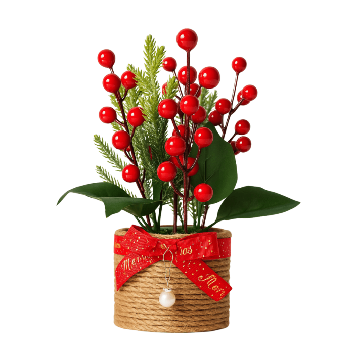 Aranjament de Crăciun cu Biluțe Roșii, Frunze Verzi și Ghiveci Decorat cu Fundiță [2]
