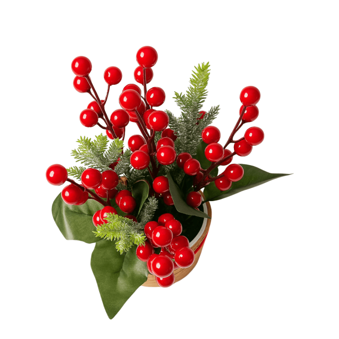 Aranjament de Crăciun cu Biluțe Roșii, Frunze Verzi și Ghiveci Decorat cu Fundiță [4]