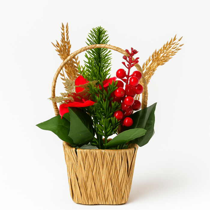 Aranjament Artificial de Crăciun cu Poinsettia, Spice Aurii și Coș cu Mâner [3]