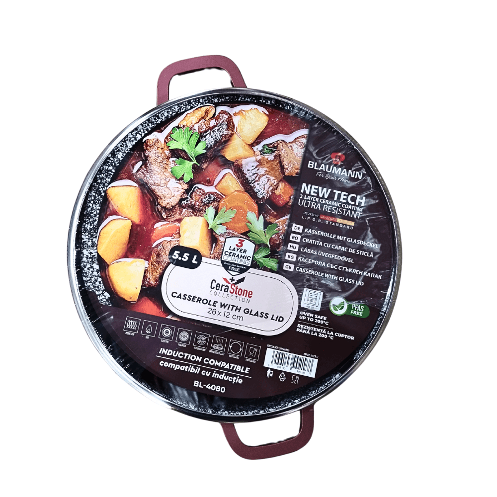 Cratiță Blaumann Cerastone 40x17.5 cm 18.5 L Aluminiu Turnat cu Strat Ceramic Capac Sticlă Termorezistentă [4]