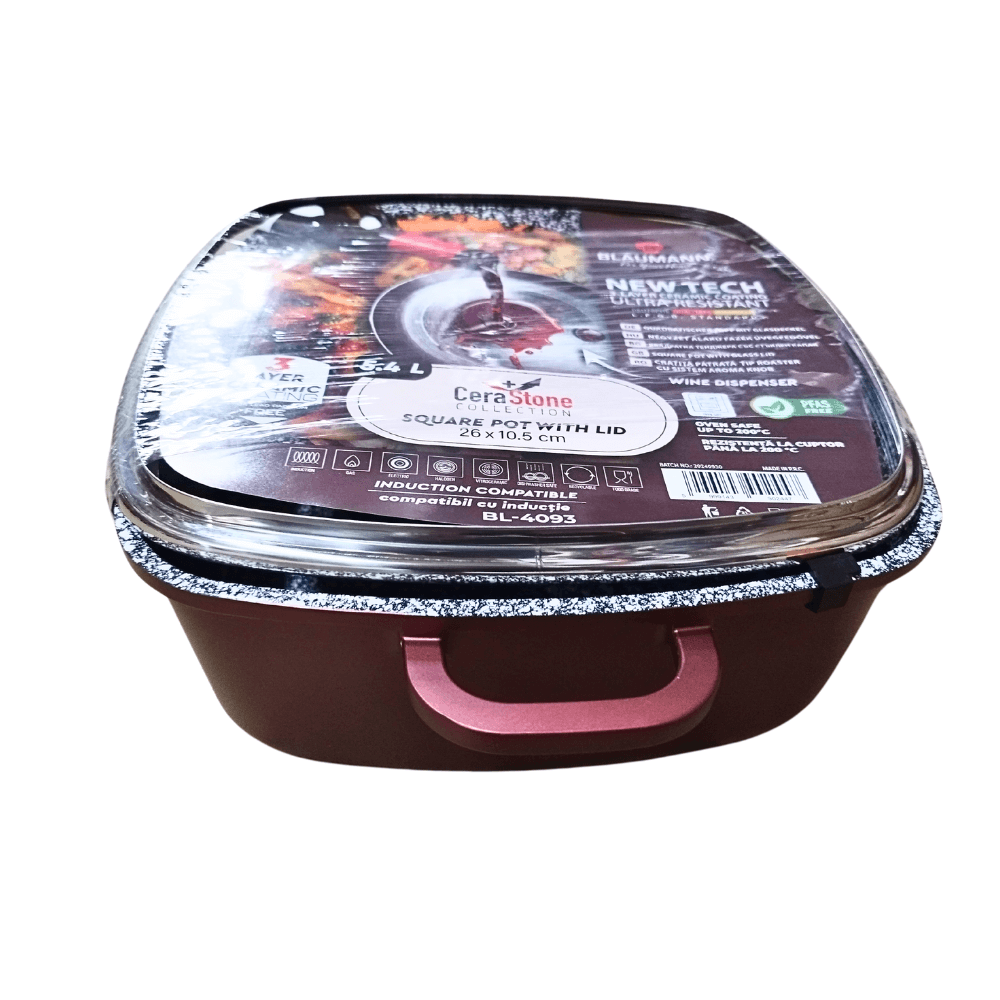 Blaumann Cerastone Cratiță Pătrată Ceramică cu Capac din Sticlă 26x10,5cm 5,4L Tip Roaster cu Sistem Aroma Knob [4]