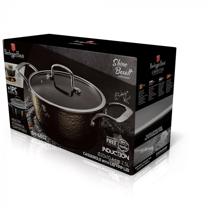Cratită cu capac din sticlă BERLINGER HAUS, 20 cm, 2.5L, acoperire marmurată, manere din inox, negru [3]