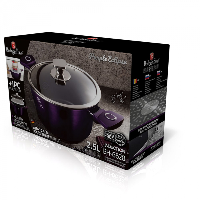 Cratită cu capac din sticlă BERLINGER HAUS, 20 cm, 2.5L, acoperire marmurată mov [2]