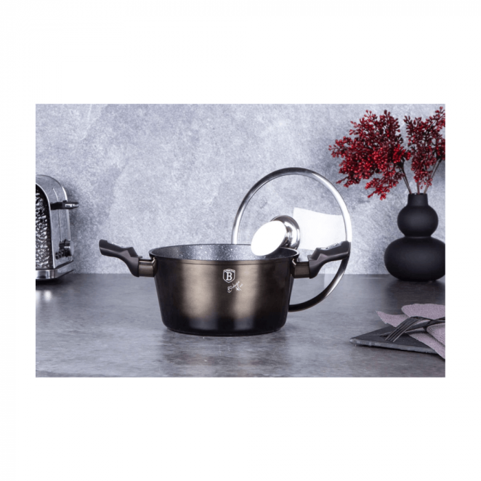 Cratită cu capac din sticlă BERLINGER HAUS, 20 cm, 2.5L, acoperire marmurată, negru lucios [8]