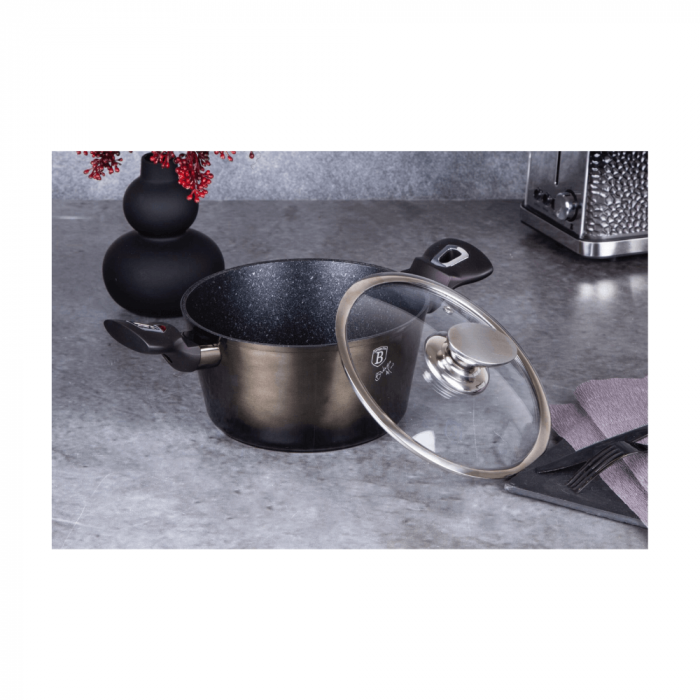 Cratită cu capac din sticlă BERLINGER HAUS, 20 cm, 2.5L, acoperire marmurată, negru lucios [4]