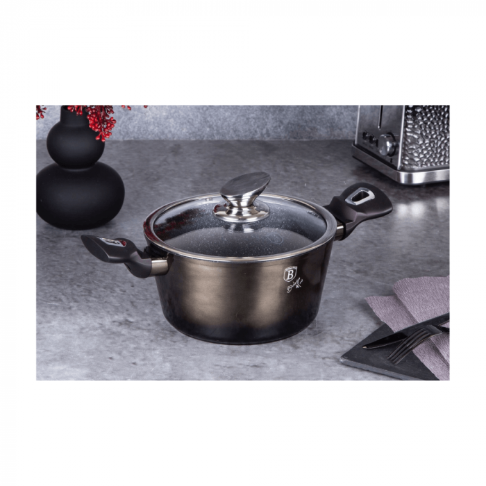 Cratită cu capac din sticlă BERLINGER HAUS, 20 cm, 2.5L, acoperire marmurată, negru lucios [3]