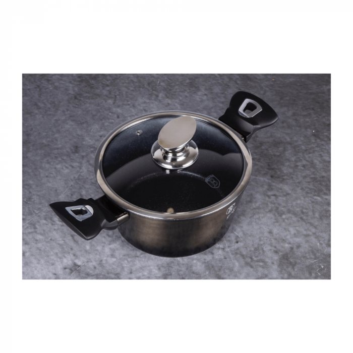Cratită cu capac din sticlă BERLINGER HAUS, 24 cm, 4.1L, acoperire marmurată, negru lucios [7]