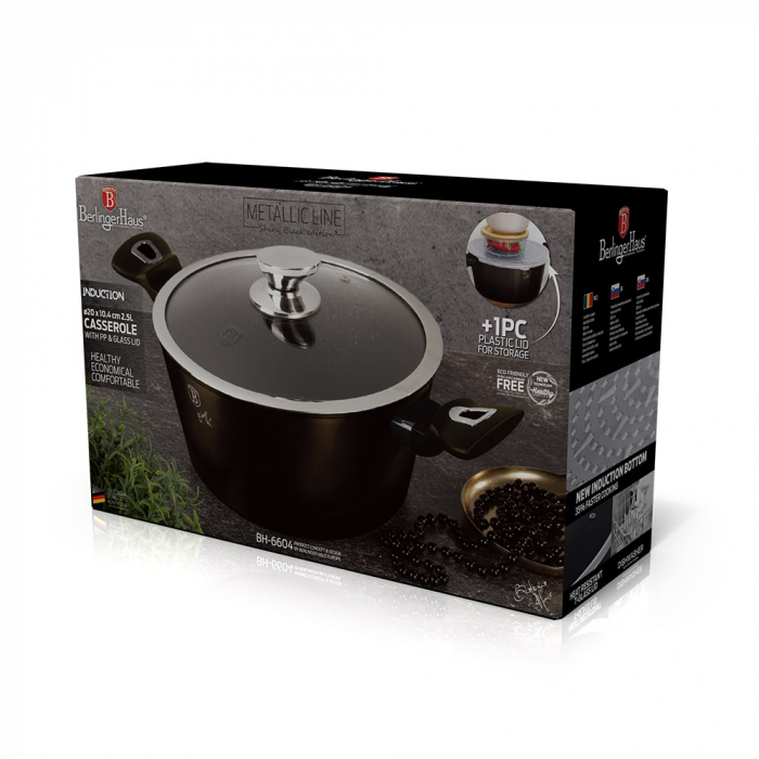 Cratită cu capac din sticlă BERLINGER HAUS, 24 cm, 4.1L, acoperire marmurată, negru lucios [10]