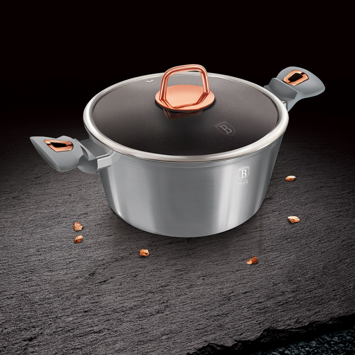 Cratită cu capac din sticlă BERLINGER HAUS, 28 cm, 6.1L, acoperire marmurată, gri [2]