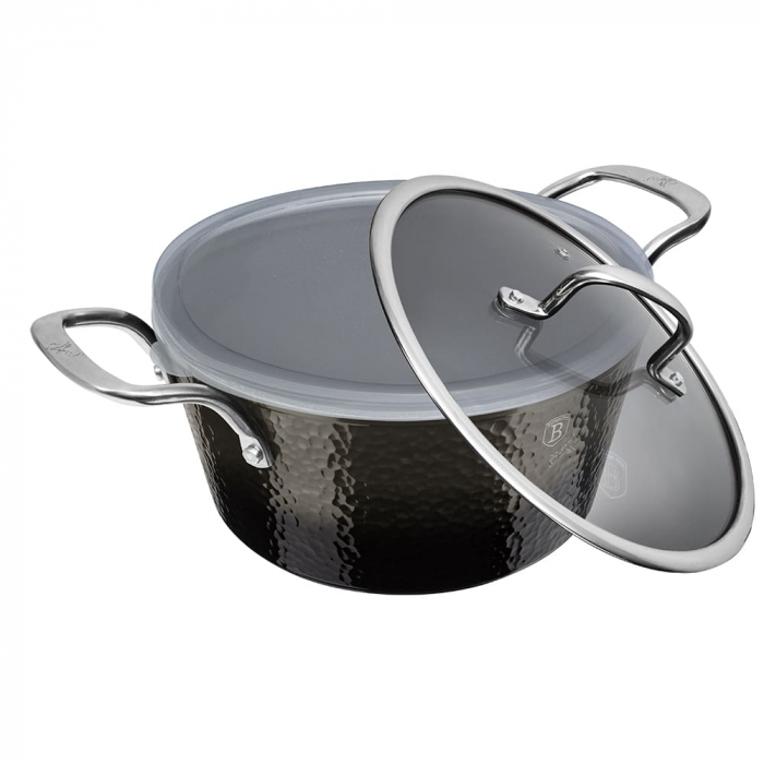 Cratită cu capac din sticlă BERLINGER HAUS, 28 cm, 6.1L, acoperire marmurată, manere din inox, negru [3]