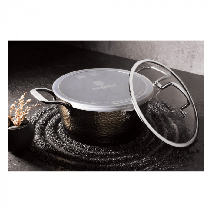 Cratită cu capac din sticlă BERLINGER HAUS, 28 cm, 6.1L, acoperire marmurată, manere din inox, negru [2]