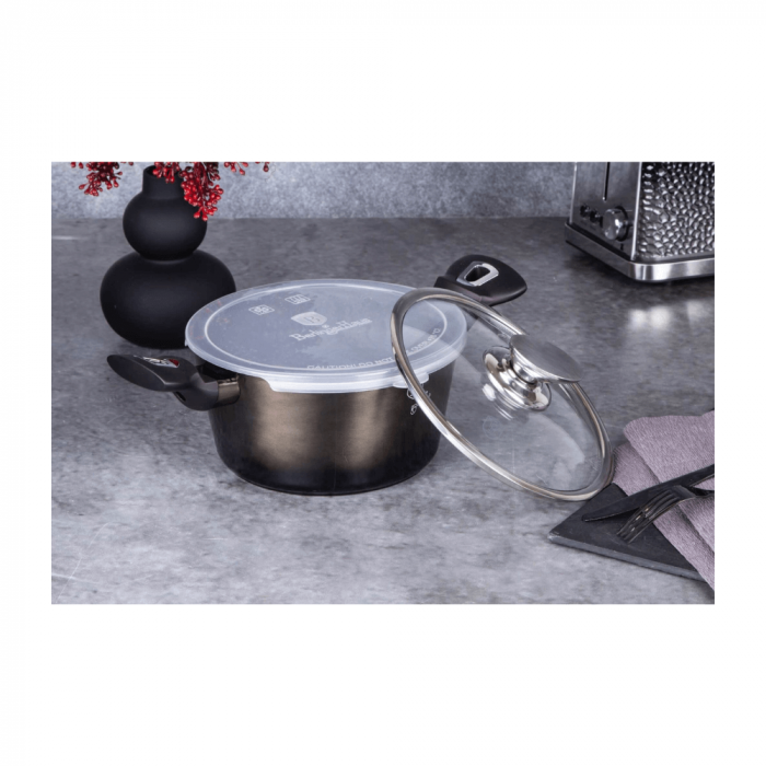 Cratită cu capac din sticlă BERLINGER HAUS, 28 cm, 6.1L, acoperire marmurată, negru lucios [5]
