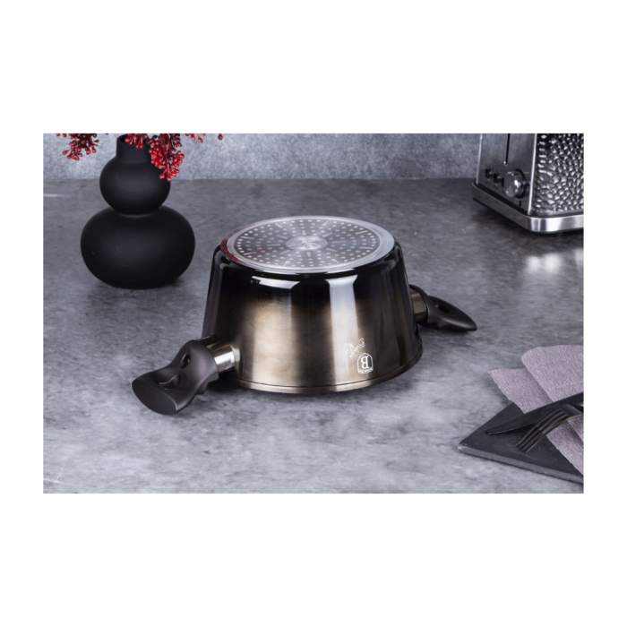 Cratită cu capac din sticlă BERLINGER HAUS, 28 cm, 6.1L, acoperire marmurată, negru lucios [6]