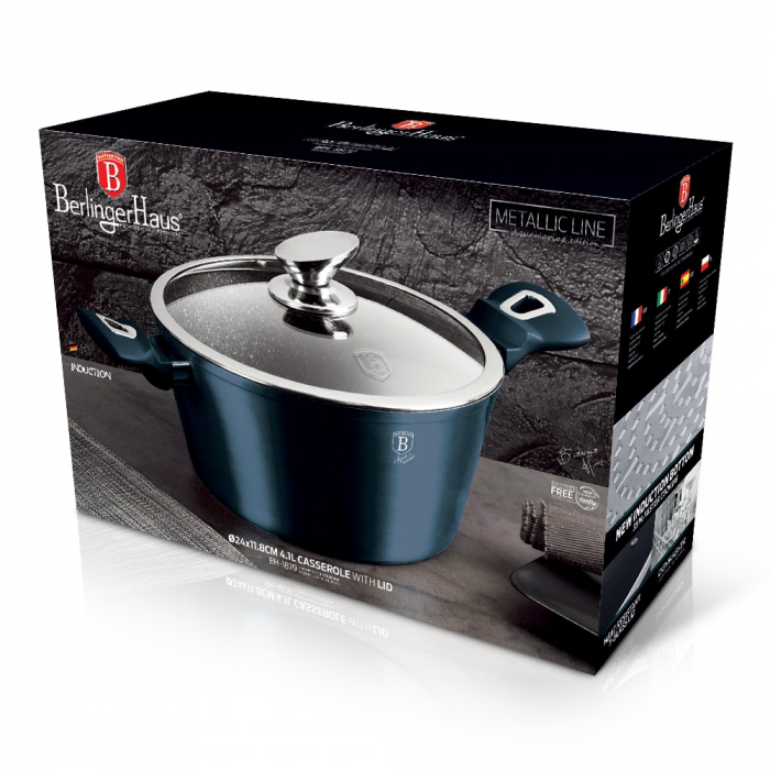 Cratită cu capac din sticlă BERLINGER HAUS, 30 cm, 8L, acoperire marmurată, albastru [2]