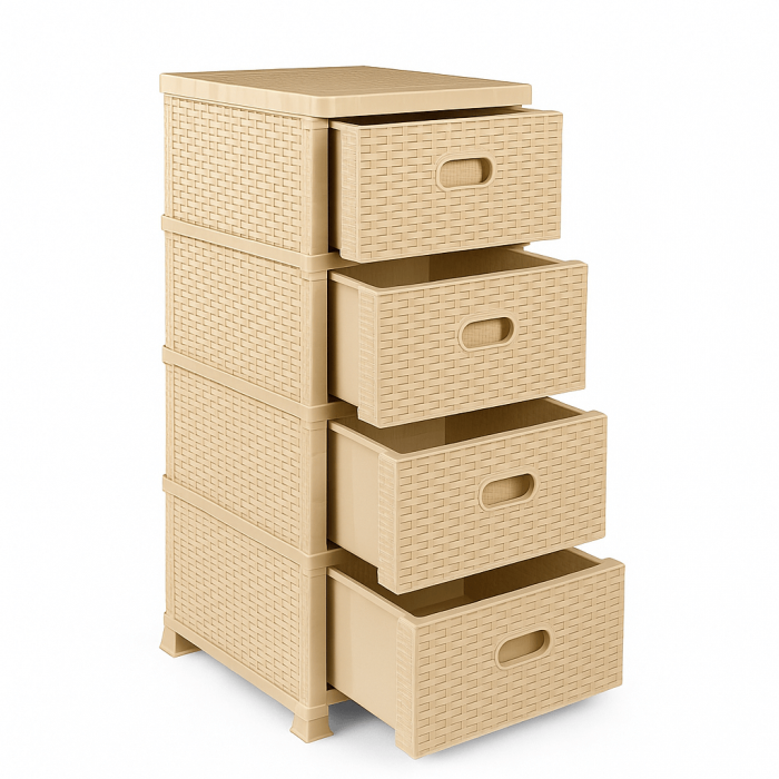 Dulap din Plastic Tip Ratan cu 4 Sertare ,   Bej, Elegant si Multifunctional
