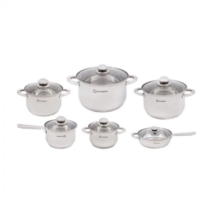 Set 12 piese – 6 cratițe din inox cu capace din sticlă, Grunberg [3]