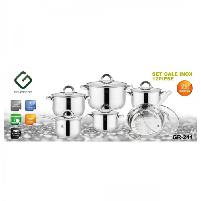 Set 12 piese – 6 cratițe din inox cu capace din sticlă, Grunberg [2]
