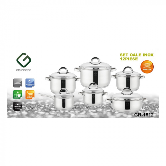 Set 12 piese – 6 vase din inox cu capace din inox, Grunberg [3]