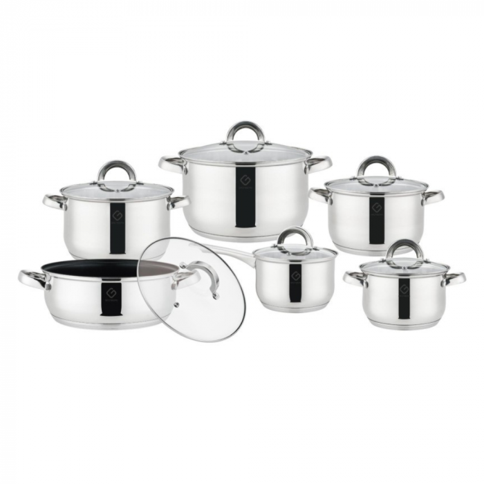 Set 12 piese 6 vase din inox cu capace din sticla Grunberg