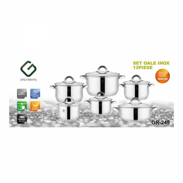 Set 12 piese – 6 vase din inox cu capace din sticlă, Grunberg [2]