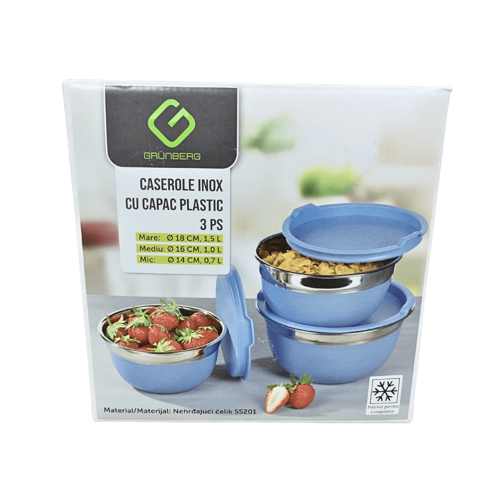 Set 3 Caserole din Inox cu Capace din Plastic – 1,5L, 1,0L, 0,7L – Depozitare Practică și Igienică [2]