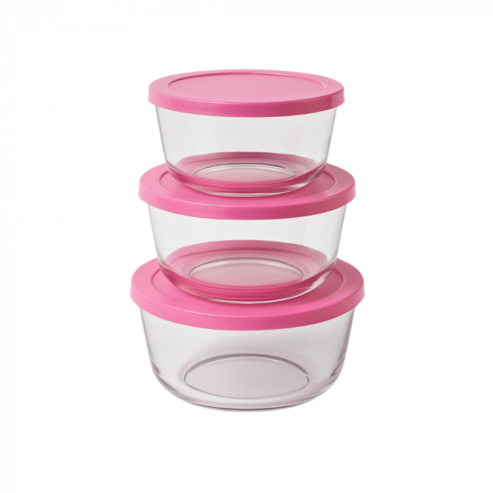 Set 3 Caserole Rotunde din Sticlă cu Capace Roz – Ideal pentru Frigider [2]
