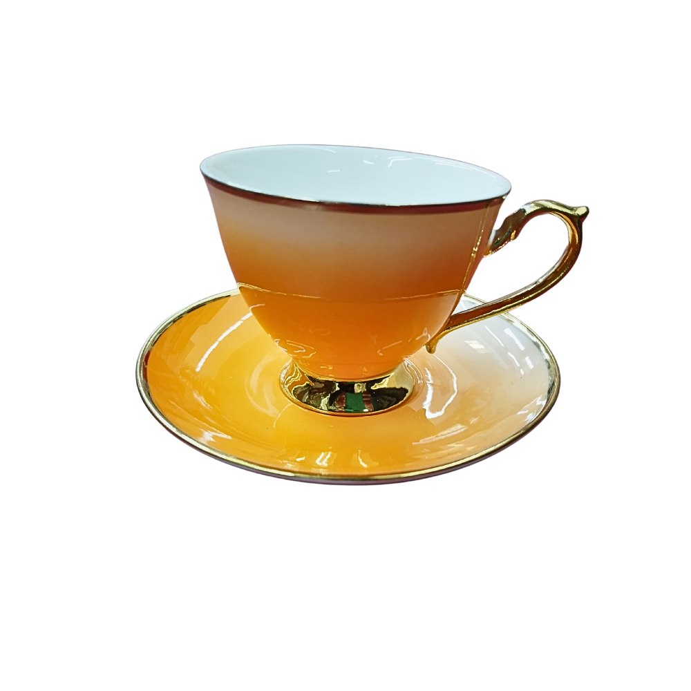Set 6 Cesti Ceramice Colorate cu Maner Auriu si Nuanta de Portocaliu