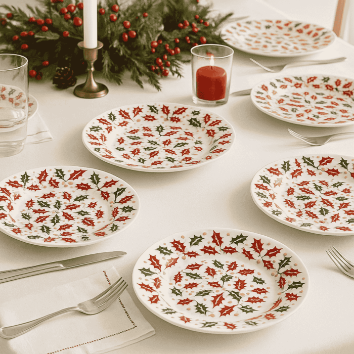 Set 6 Farfurii Desert Opal cu Decor Frunzulițe Roșii și Verzi 19.5 cm [2]