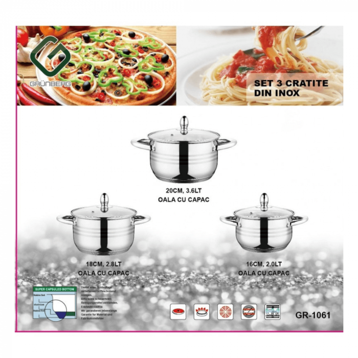 Set 6 piese – 3 oale din inox cu capace din sticlă termorezistentă, Grunberg [2]