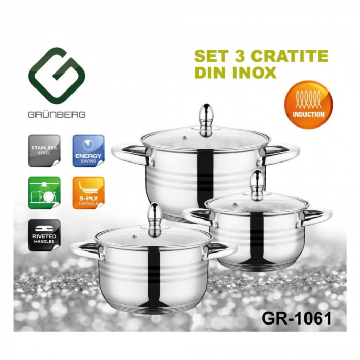Set 6 piese – 3 oale din inox cu capace din sticlă termorezistentă, Grunberg [4]