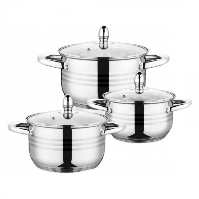 Set 6 piese  3 oale din inox cu capace din sticla termorezistenta Grunberg