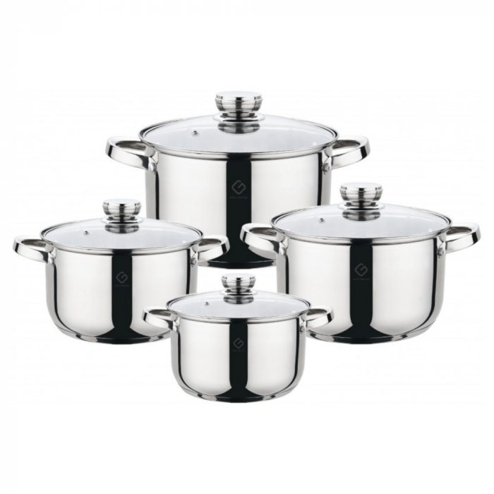 Set 8 piese  4 oale din inox cu capace din sticla termorezistenta Grunberg