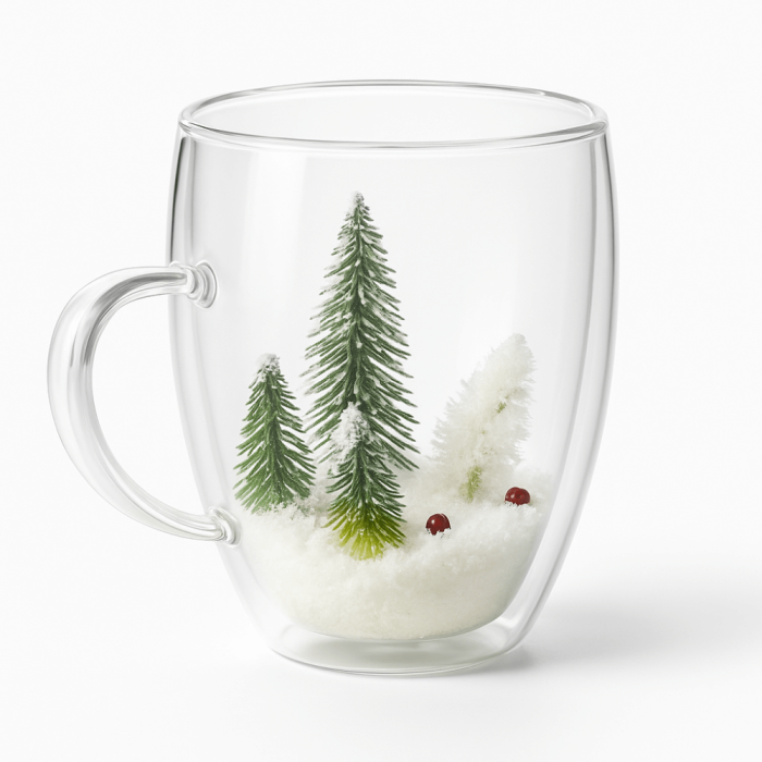 Set 4 Cani Sticla Dubla 330ML Model Iarna Cu Brad Si Bobite Rosii [1]