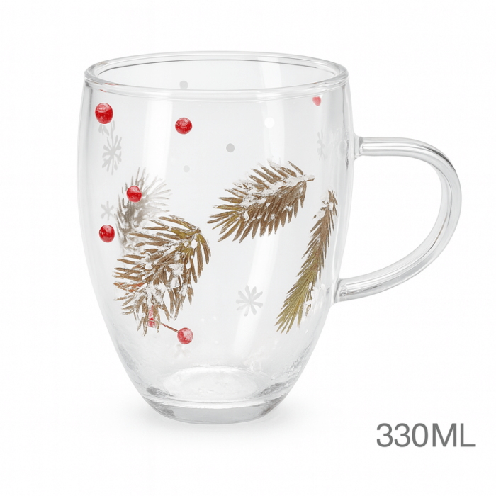 Set 4 Cani Sticla Dubla 330ML Model Iarna Cu Brad Si Bobite Rosii [3]