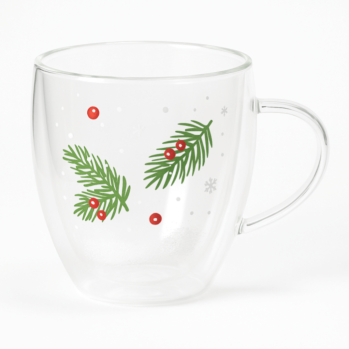 Set 4 Cani Sticla Dubla 330ML Model Iarna Cu Brad Si Bobite Rosii [2]