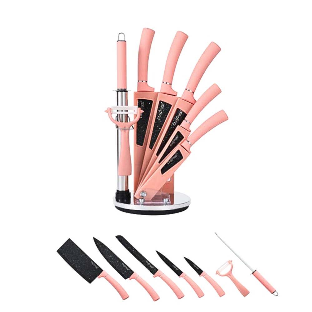 Set Cuțite 8 Piese Acoperire Marmura cu Stand Modern Roz [2]
