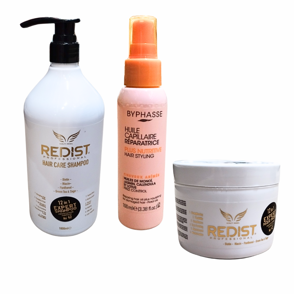 Set sampon Redist Professional 12 in 1 Expert 1000 ml + Masca Redist Professional 12 in 1 Expert 500 ml + Byphasse Ulei de Par Reparator pentru Par Vopsit 100 ml