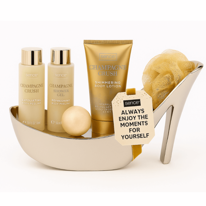 Set Cadou Sence Champagne Crush Gel de Duș Loțiune Bilă Efervescentă și Burete în Suport Pantof Auriu [1]