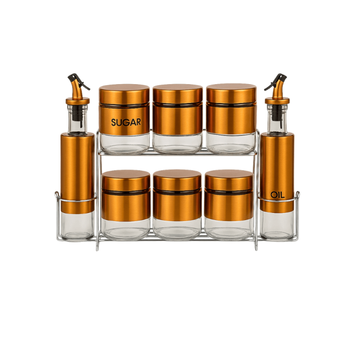 Set recipiente condimente 9 piese borcane sticla aurii cu capace si suport metalic [2]